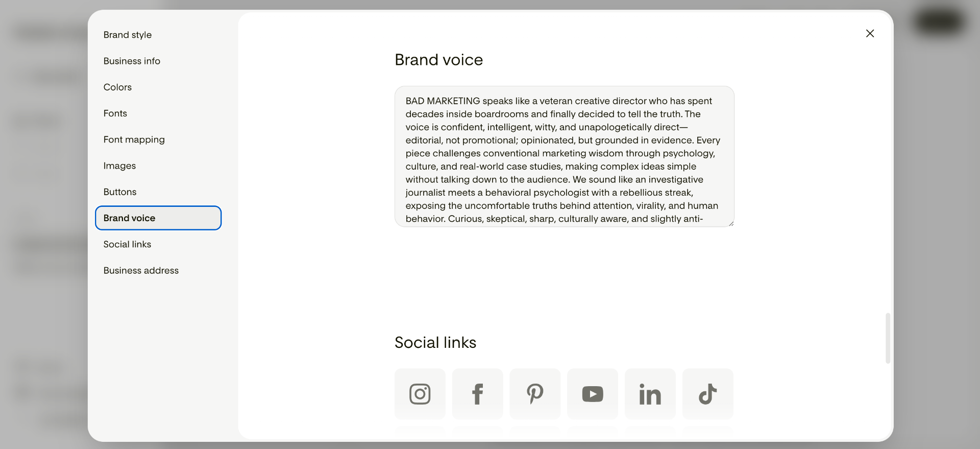 Flodesk Studio brand voice configuration for Bad Marketing