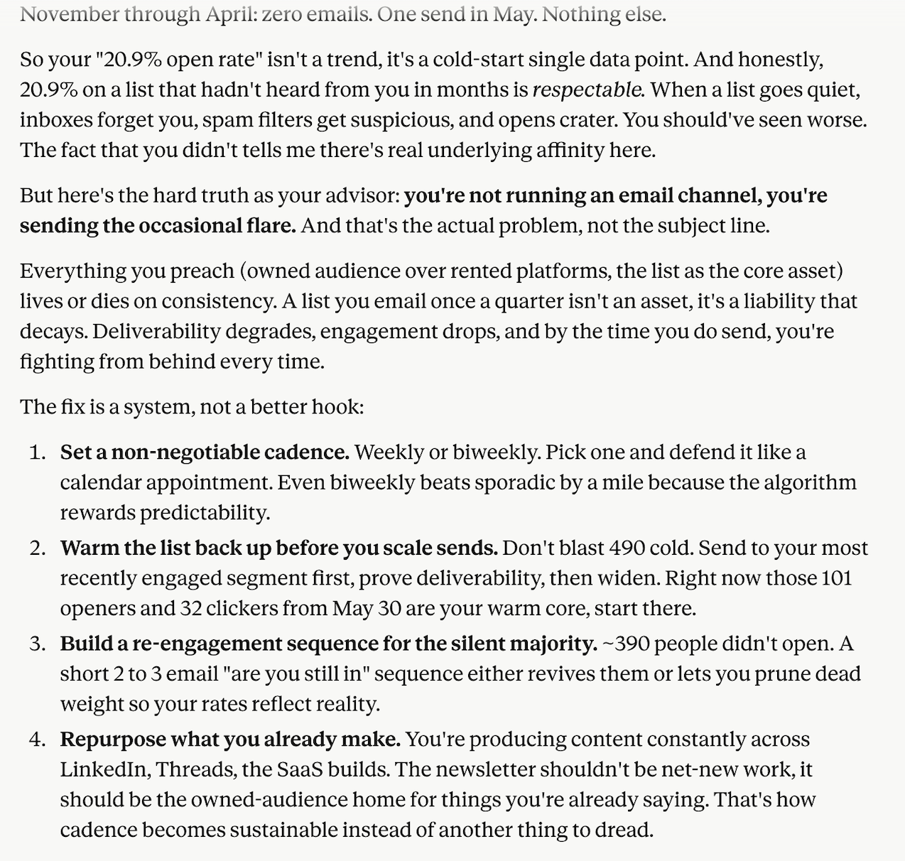 Claude prescribing a four part fix for inconsistent sending: a fixed cadence defended like a calendar appointment, a list warmup before scaling sends, a reengagement sequence for the silent majority, and a repurposing engine so the newsletter isn't net new work.